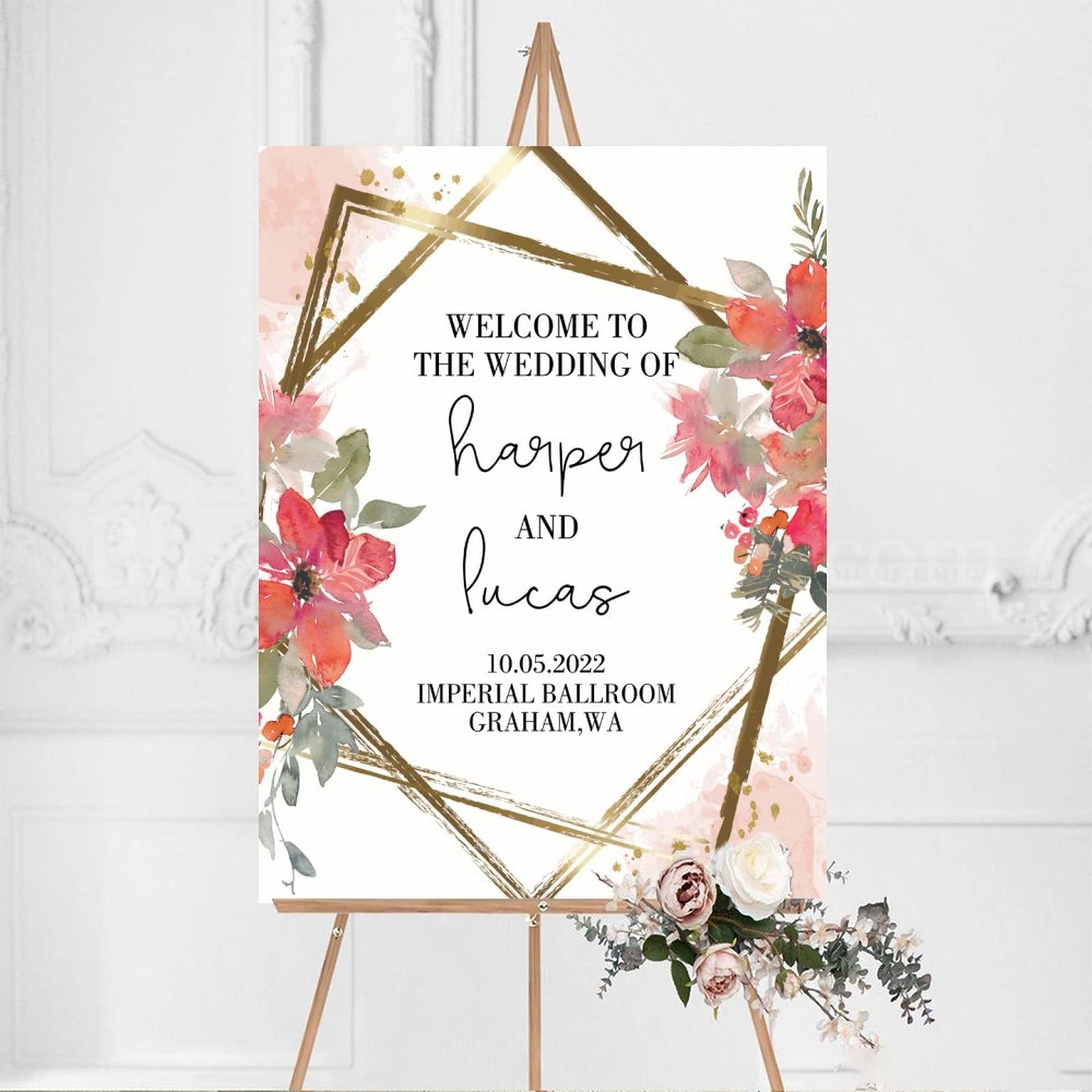 Benutzerdefiniertes Hochzeitsschild mit rotem Blumenkranz, elegantes Holz-Hochzeitsschild, Vintage-Stil, Hochzeitsfeier, Empfang, Schild für Hochzeit, Hochzeit, Party, Dekoration, 45,7 x 61 cm