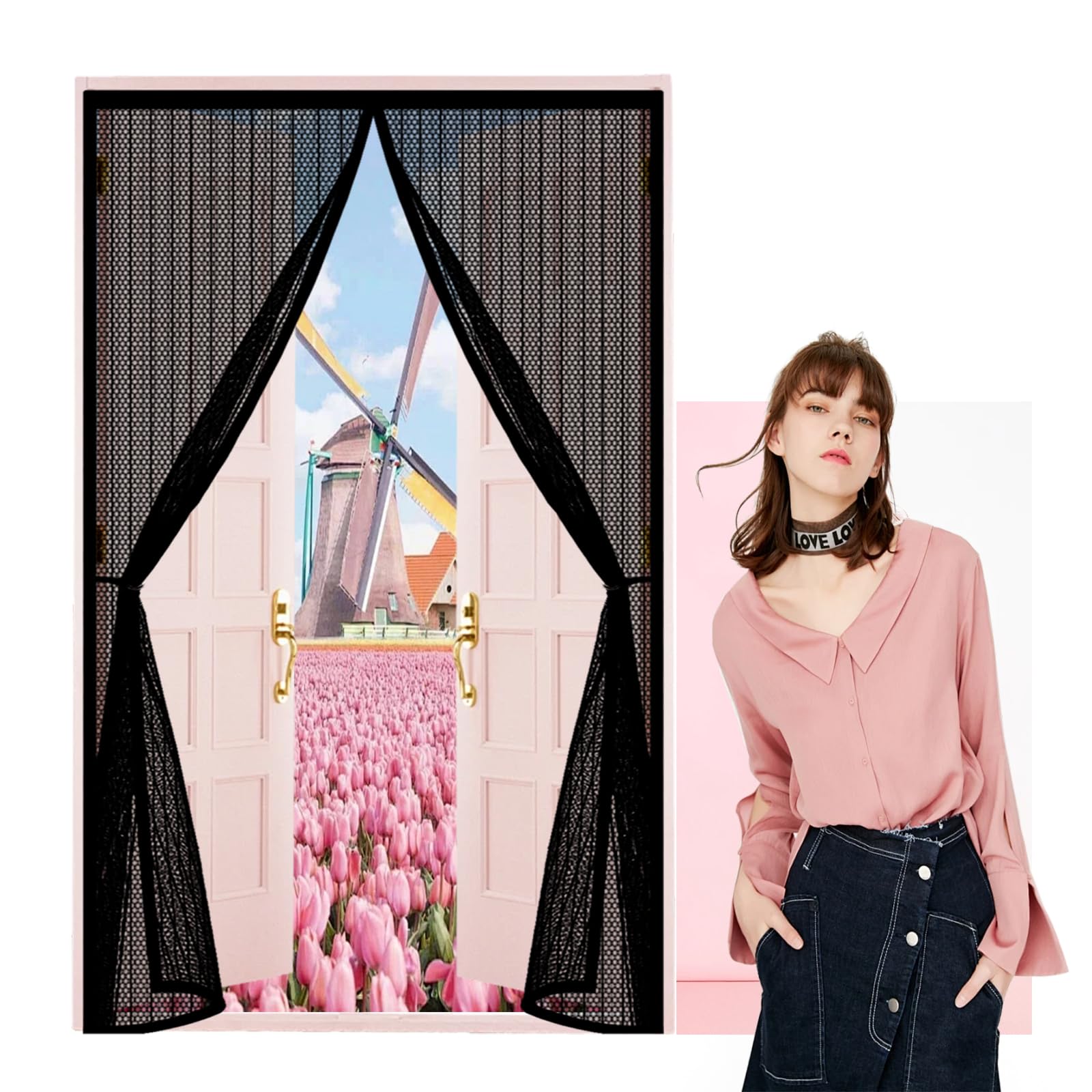 Qenhyun Black Fly Screen Door 55 X 220 Cm Keep Bugs Out, Full Frame Magic Tape, Powerful Magnets, Self Sealing, No Drill Installation, Heavy Duty Door Screen For Balcony Bedroom Doors,
