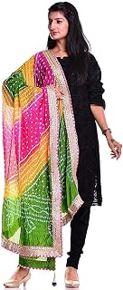 Women's Jaipuri Rajasthani Silk Bandhani Bandhej Multi-Colored Heavy Dupatta with Gota Work and latkan