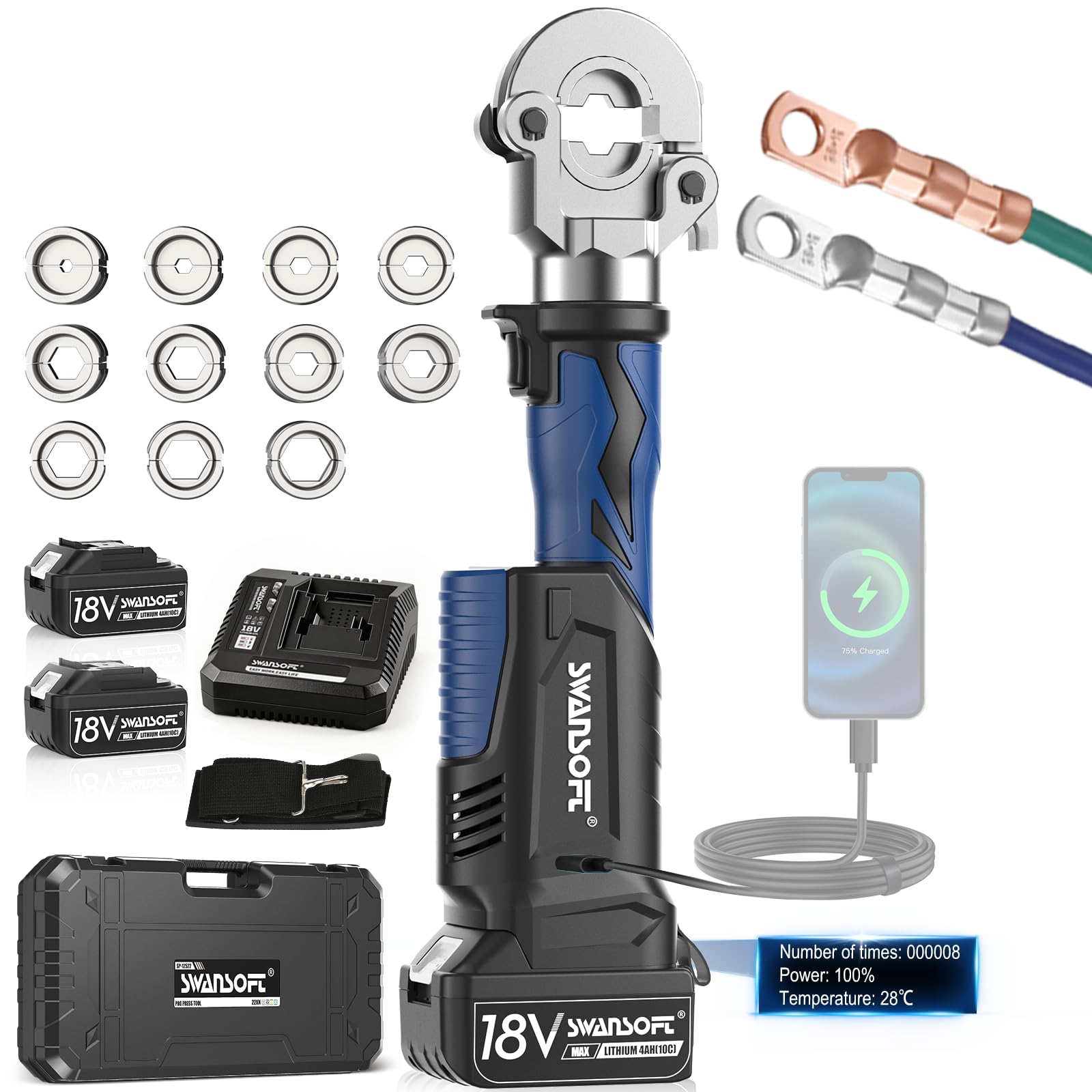 SWANSOFT Herramienta de Crimpado Hidráulico Eléctrica de 6 Toneladas 16mm²-300mm² Crimpadora continua para terminales de Cu/Al con vida útil de 30000 operaciones. Juego completo con 11 dados - 600B