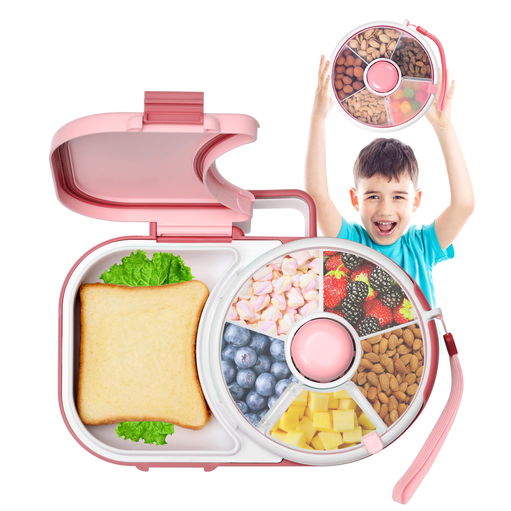 Vefacion Snackbox mit Fächern Kinder Snack Spinner Satz Tragbares Siegel Deckel Snackteller Multifunktionale Baby Brotdose Schule Jausenbox