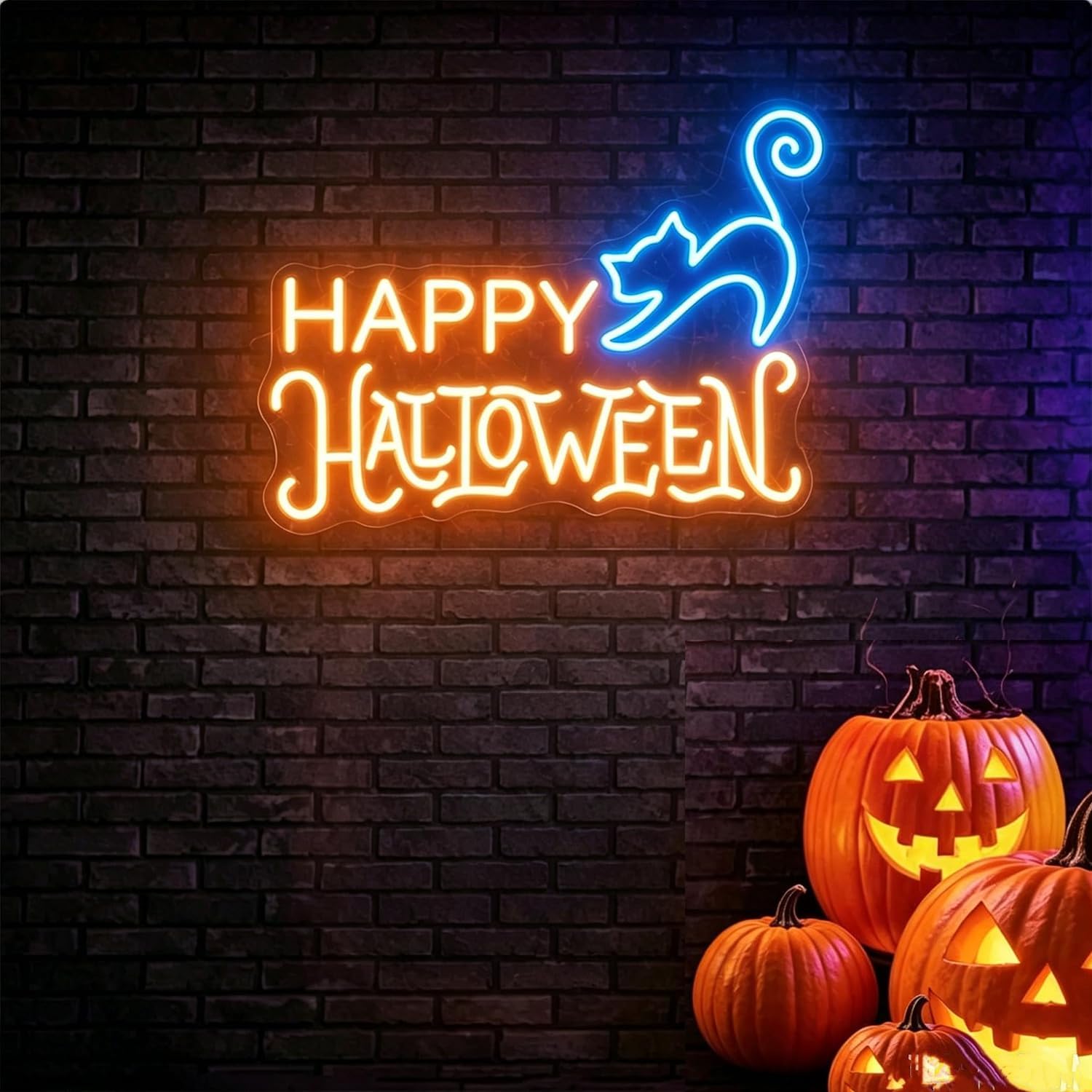 Happy Halloween Neon Sign, 15" x 10" Dimmable LED Neon Light, Blue Spooky Cat Wall Decor, USB Powered Halloween Party Art for Indoor Home Bedroom