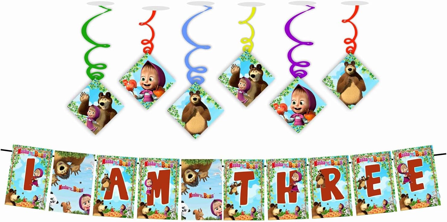 Balloonistics The Bear and Mesha Theme Birthday Decoration Hanging and Banner for Photo Shoot Backdrop and Theme Party (3rd Birthday Banner + 6 Swirls)
