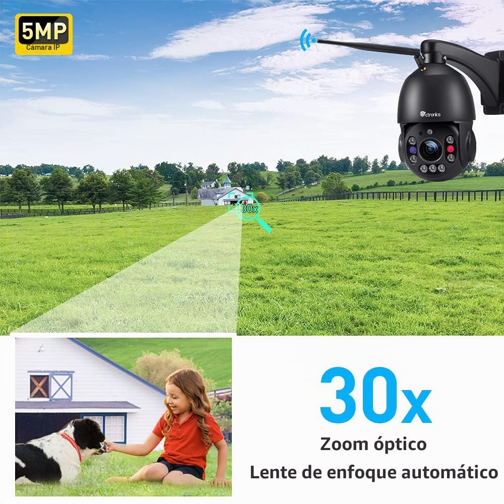 Ctronics [5MP 30X Zoom Óptico Camara Vigilancia WiFi Exterior 5/2.4Ghz, 360° PTZ IP Cámara Domicilio, 150M Visión Nocturna con Auto Crucero/Seguimiento/Zoom, Bluetooth/Cloud/PC, Metal, IP66