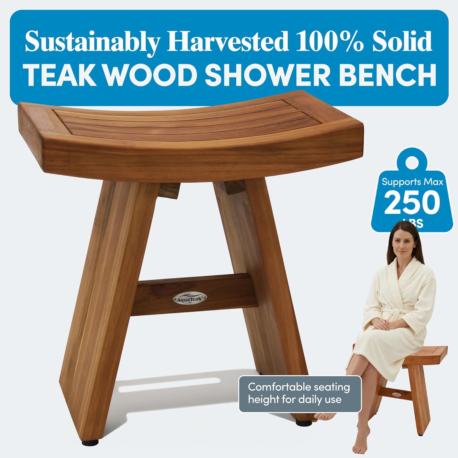 AquaTeak The Original 18" Asia Teak Shower Bench - Shower Stool for Bathroom - Durable Water Resistant Shower Chair - Shaving Foot Rest - Indoor & Outdoor Use