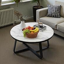 Modern Round Wooden Coffee Table with Black Metal Base | Minimalist Center Table for Living Room & Bedroom (Black & White)