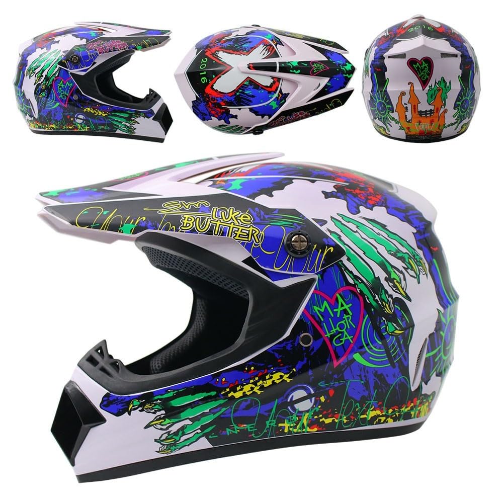 Gioventù Bambini MTB Casco Motocross Impostato, con Guanti Occhiali Mascherina, Unisex Integrali ATV Fuoristrada Strada Moto Caschi, Discesa Enduro Quad Dirt Bike Incidente Casco