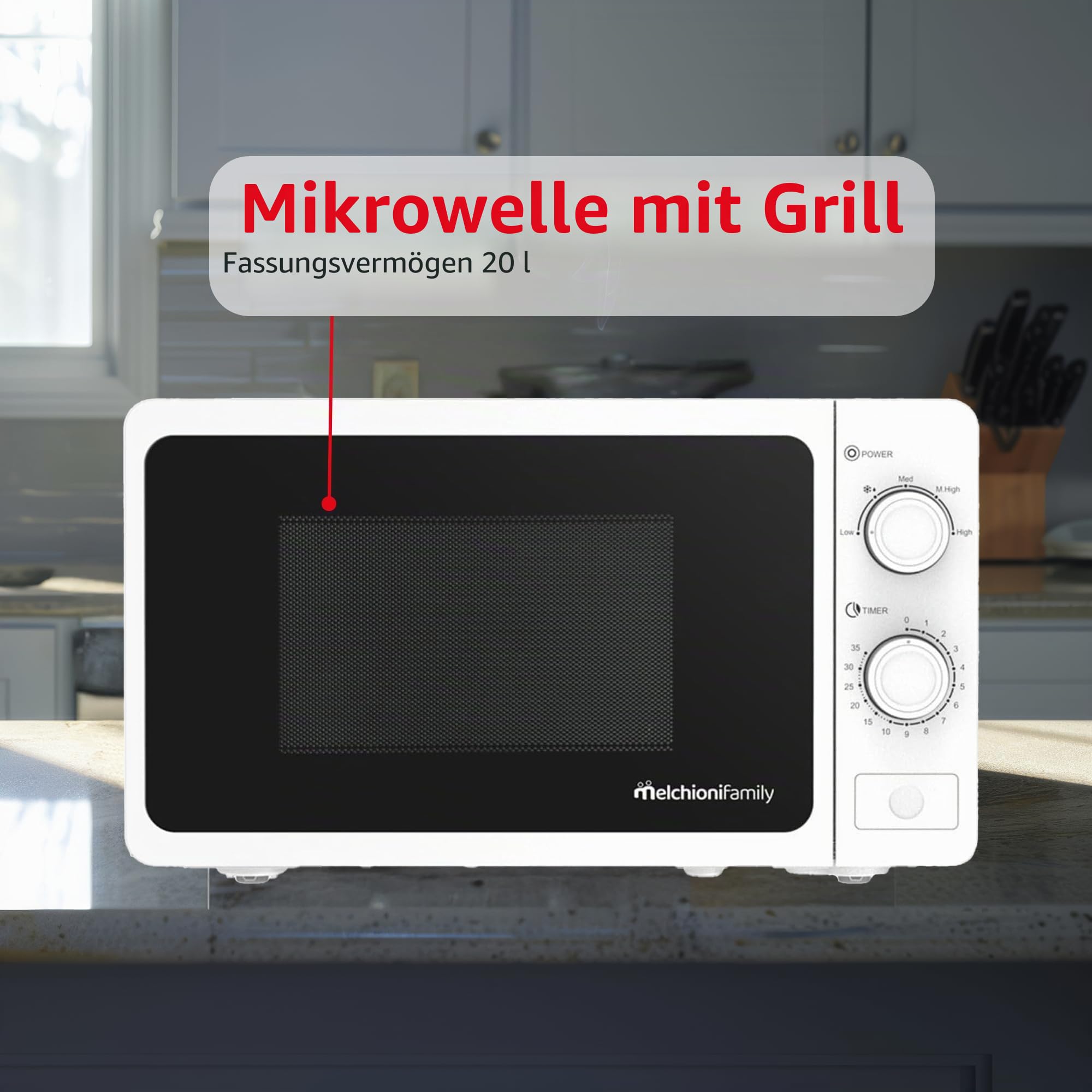 Melchioni Family Mikrowelle mit Grill 20 l, Welle, multifunktionale Mikrowelle, kleine Mikrowelle 800 W, manuelle Einstellung, Grillfunktion, Timer 1-35 Minuten, Maße 45,1 x 31,9 x 25,4 cm