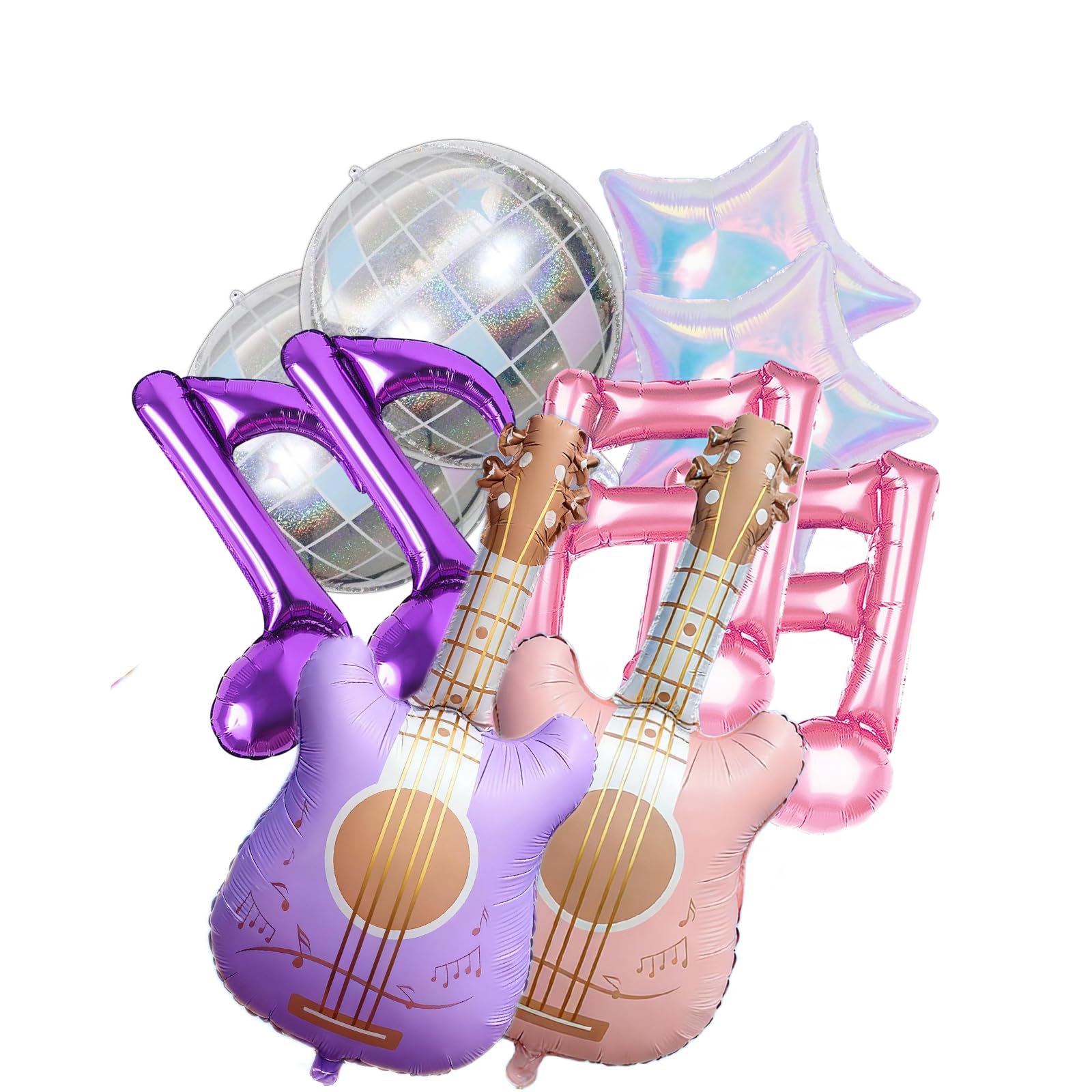 Photo 1 of 10pcs Music Theme Party Balloons Set, Iridescent Disco Ball Star Guitar And Music Note Foil Balloons For Singer Fans Disco K Hunter Birthday Party Decorations (Pink)