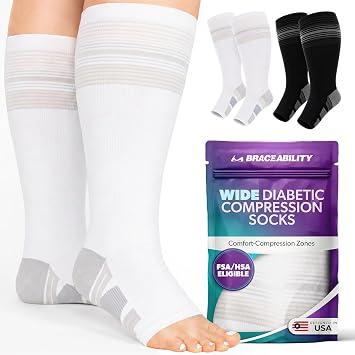 BraceAbility Plus Size Wide Calf Knee High Diabetic Compression Socks for Women and Men, 20-30 mmHg Toeless Design for Neuropathy, Edema, Swollen Legs, Circulation XL/2XL Wide Calf - White