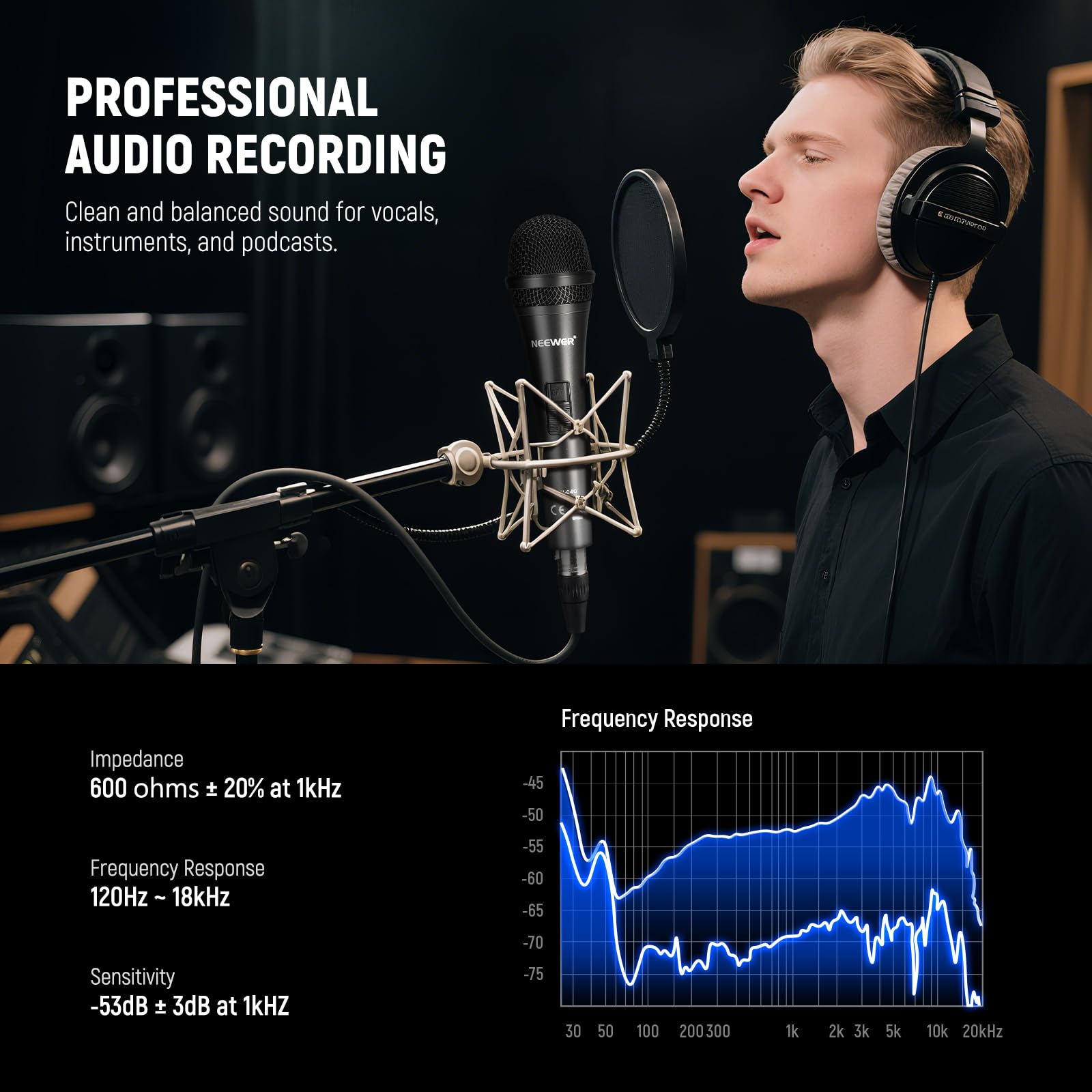 Neewer Kardioidalny mikrofon dynamiczny z męskim kablem XLR do żeńskiego XLR, sztywna metalowa konstrukcja do profesjonalnych instrumentów muzycznych, głosów, nadawania, mowy, czarny (NW-040)