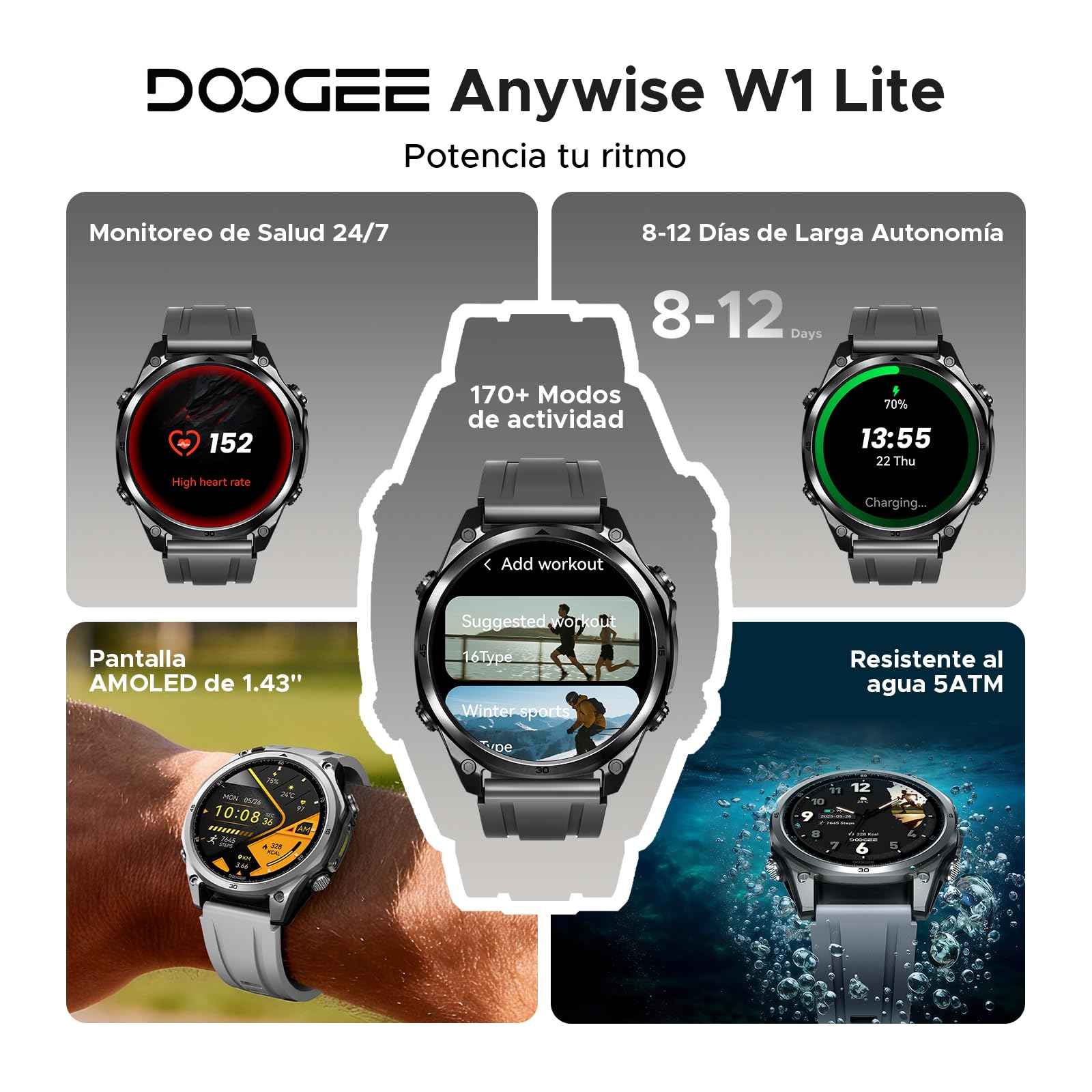 ANYWISE W1 LITE Smartwatch uomo,1.43''AMOLED Rugged Smartwatch Per Android/IOS, 5ATM Fitness Tracker,170+Sports Modes, Answer/Make Calls/12 Days Battery/Heart Rate/SpO2/Sleep Monitor