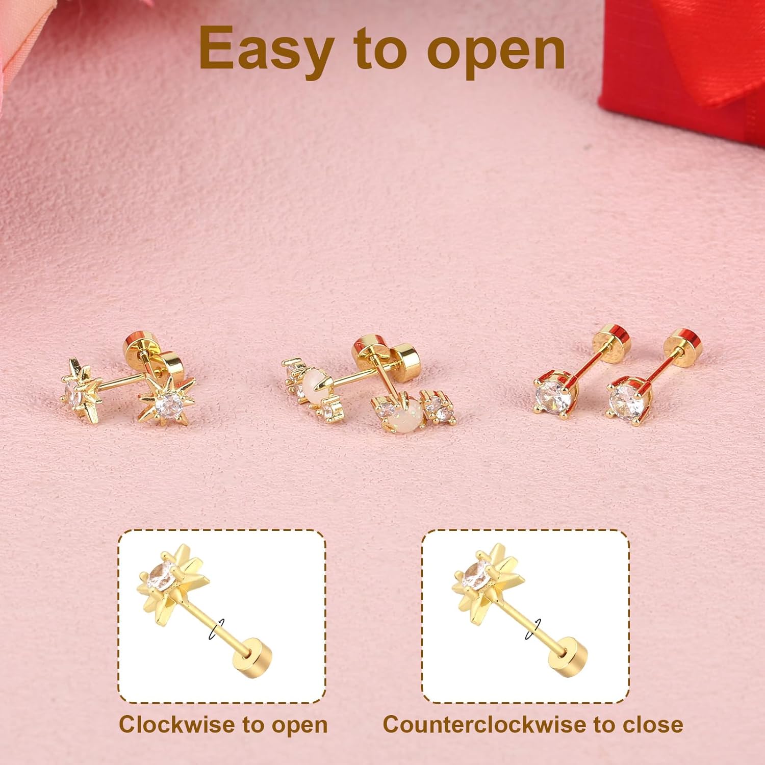 Gold Flat Back Earrings, 3 Styles Gold Filled Cartilage Earrings Stylish Cubic Zirconia Studs Jewelry Gifts Flat Back Earring for Women - Image 5