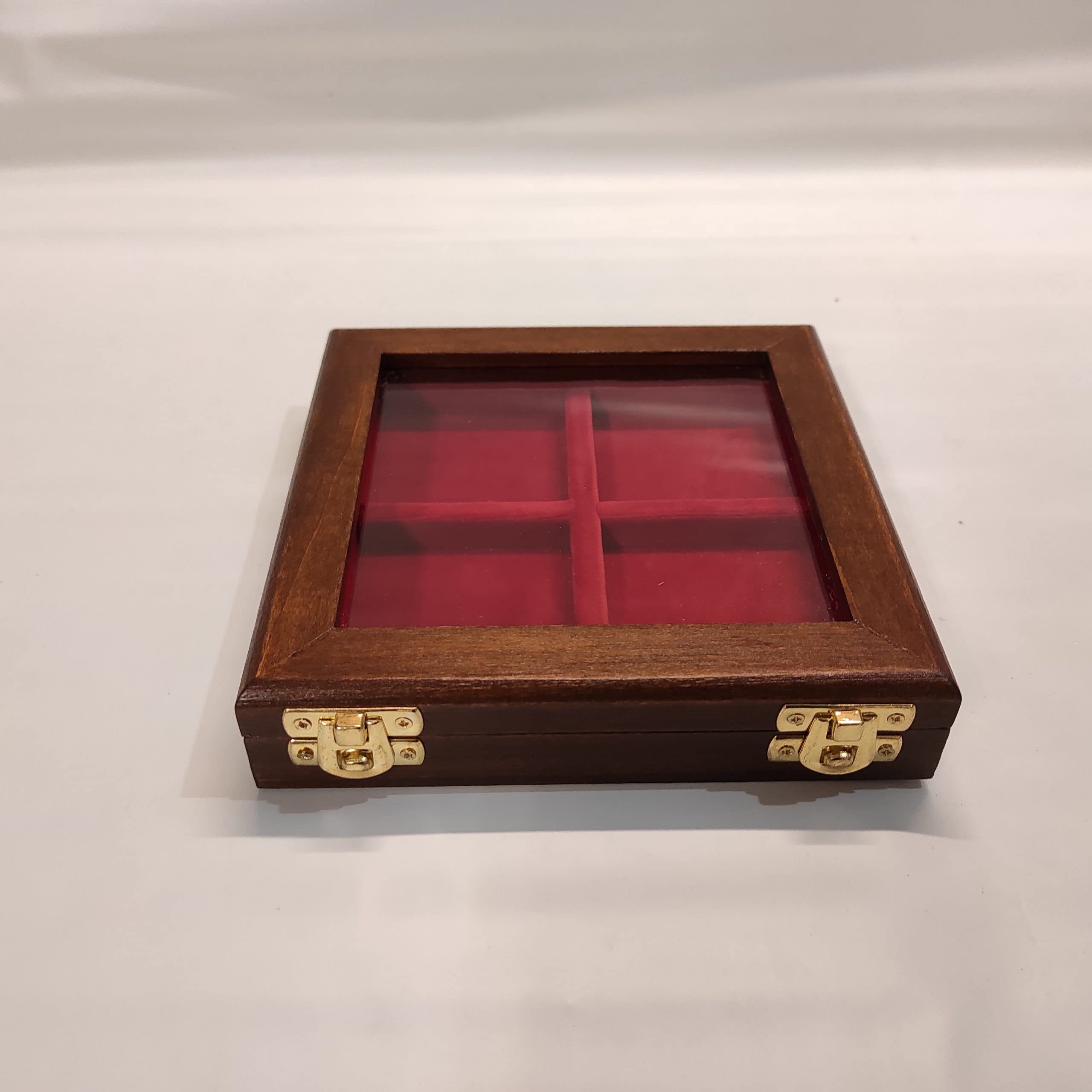 Expositor de Madera para Monedas y medallas 4 Compartimentos 60x60 mm con Tapa de Cristal, monetario Artesanal de colección, numismática, Interior en Terciopelo