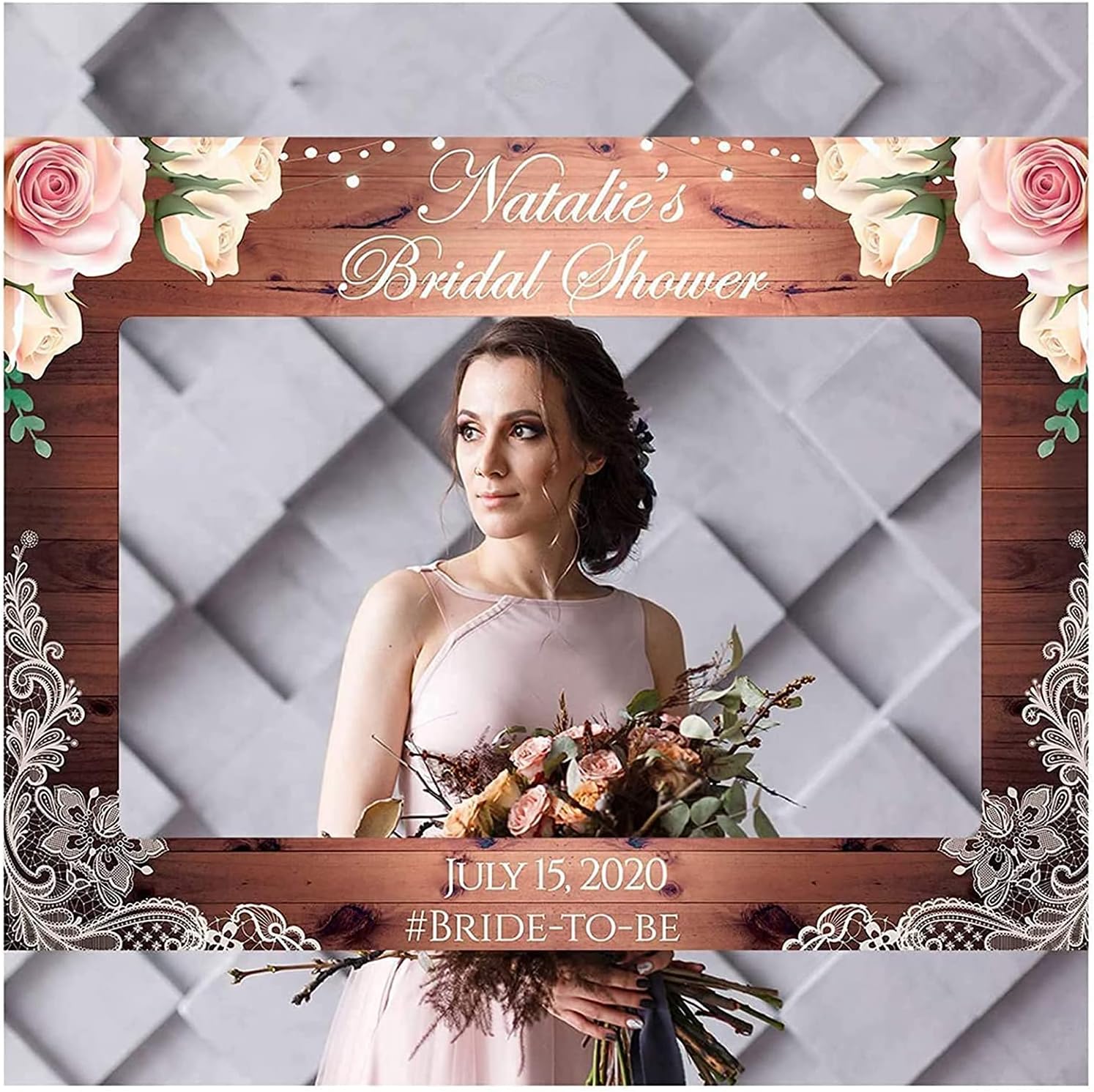 Custom Rustic Lace Bridal Shower Photo Booth Frame โ Wooden Bridal Shower Photo Booth Prop - Personalized Bridal Shower Decorations