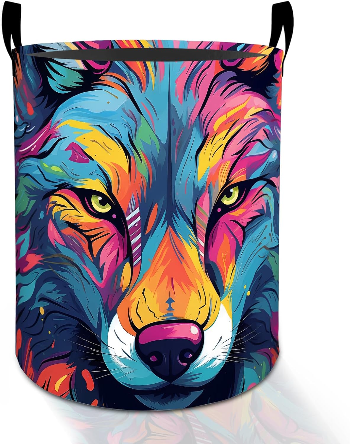 Colorful Wolf Laundry Basket Hamper for Boys Girls Kids Adults, Foldable Waterproof Oxford Clothes Storage Bin, Wild Animal Art Organizer for Bedroom Bathroom Room Decor 19.7"x15.8"