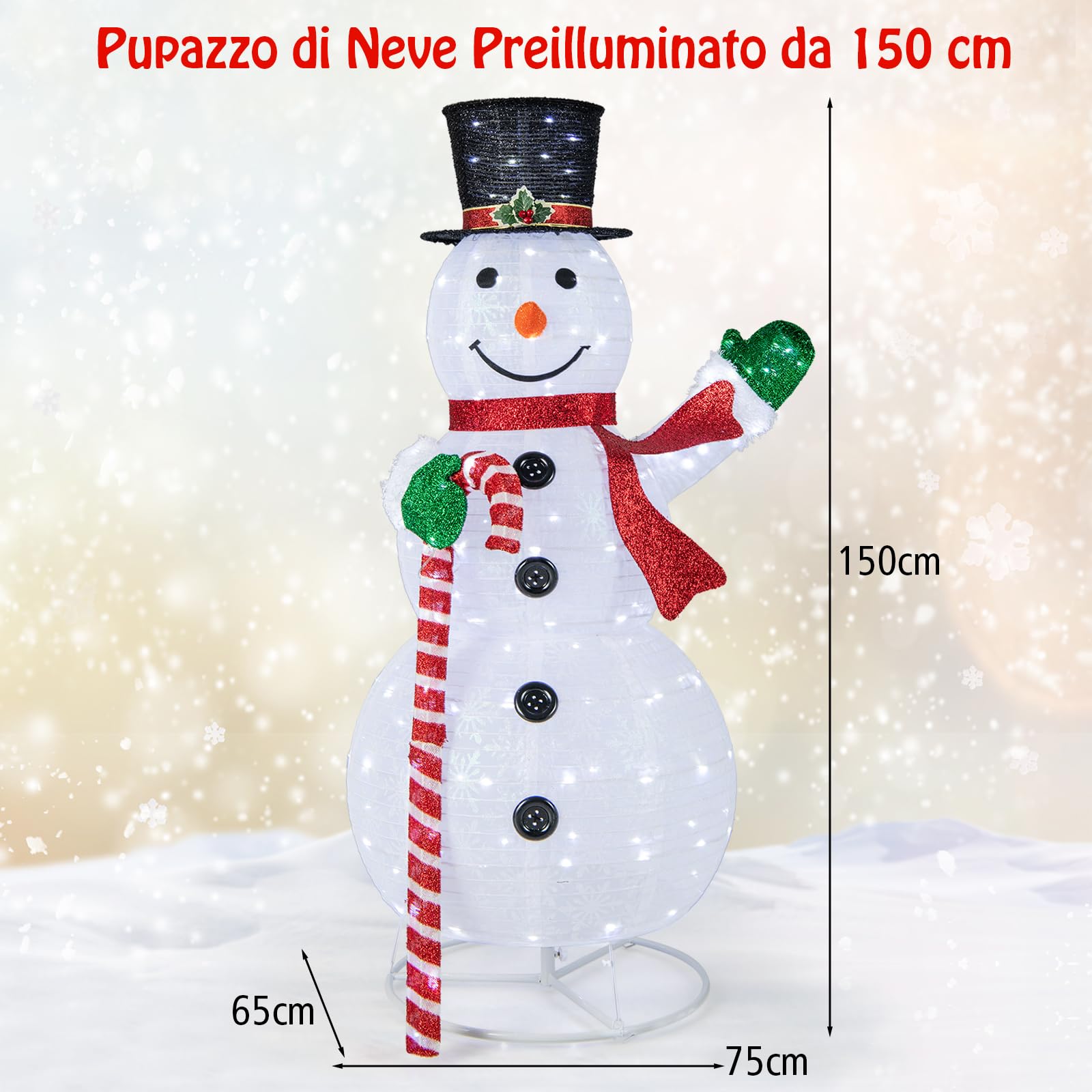 COSTWAY Pupazzo di Neve Luminoso da 150 cm, Decorazione Natalizia con 180 Luci LED, Cappello, Sciarpa, Decorazione Natalizia per Interni ed Esterni per Feste, Balcone, Giardino