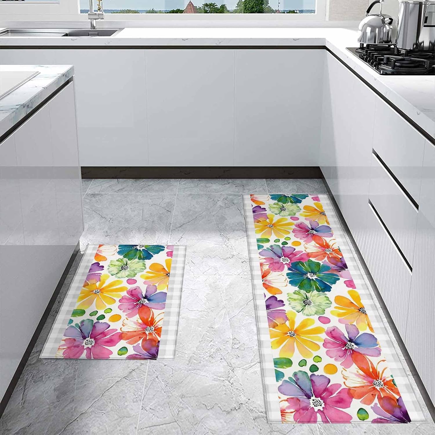 Kitchen Mats for Floor Watercolor Farm Flowers Washable Non Slip Kitchen Rugs 2PCS, Floral Art on Gray Plaid Absorbent Standing Mats for Sink Bathroom Office Living Room 15.7x23.6in+15.7x47.2in