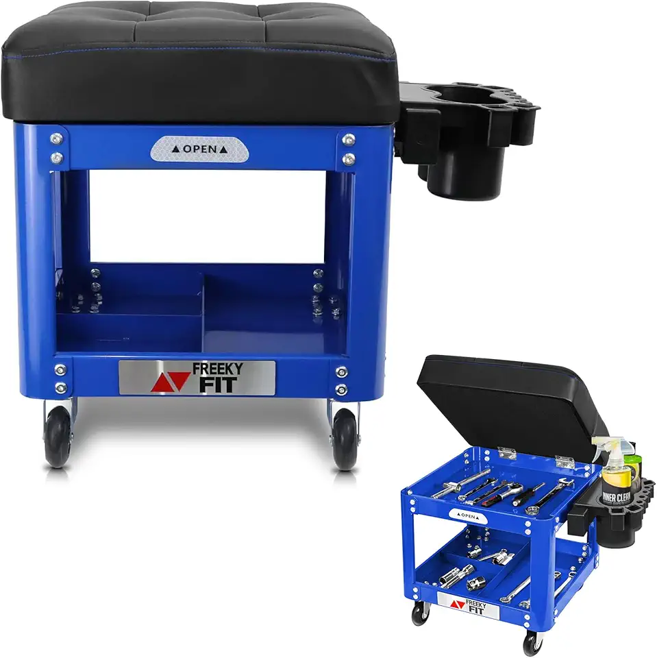 Assento de garagem/loja para homens, banco mecânico acolchoado com bandeja de ferramentas de armazenamento para garagem, banco de oficina com rodas, assento de trepadeira automotiva,