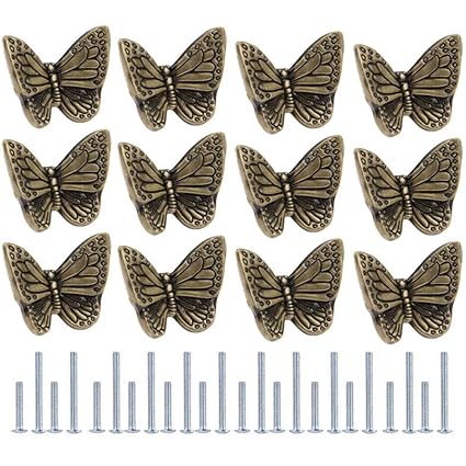 SCRTB 12Pcs Butterfly Knobs Cabinet Pull Decorative Dresser Closel Cupboard Wardrobe Single Hole Kitchen Home Office Funiture Door Bath Handle with Screws (Bronze Butterfly knobs)
