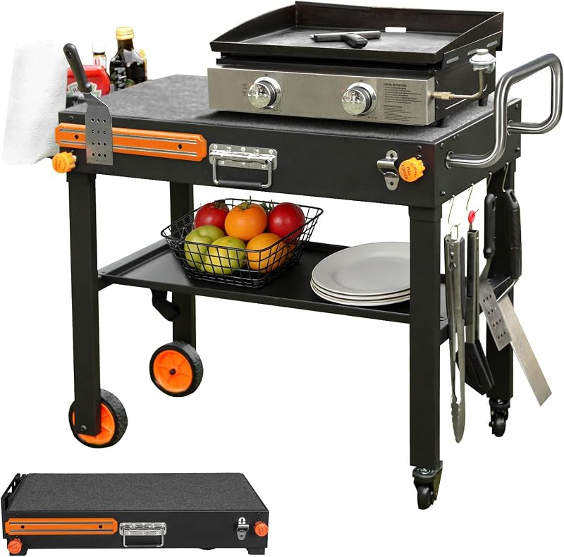 Folding Grill Table for Blackstone 17" & 22" Griddle, Portable Grill Cart | 20-Second Tool-Free Setup, 450 lb Support, Wheels; Fits Ninja Woodfire Grill & Pizza Oven for Outdoor Camping & Tailgates.