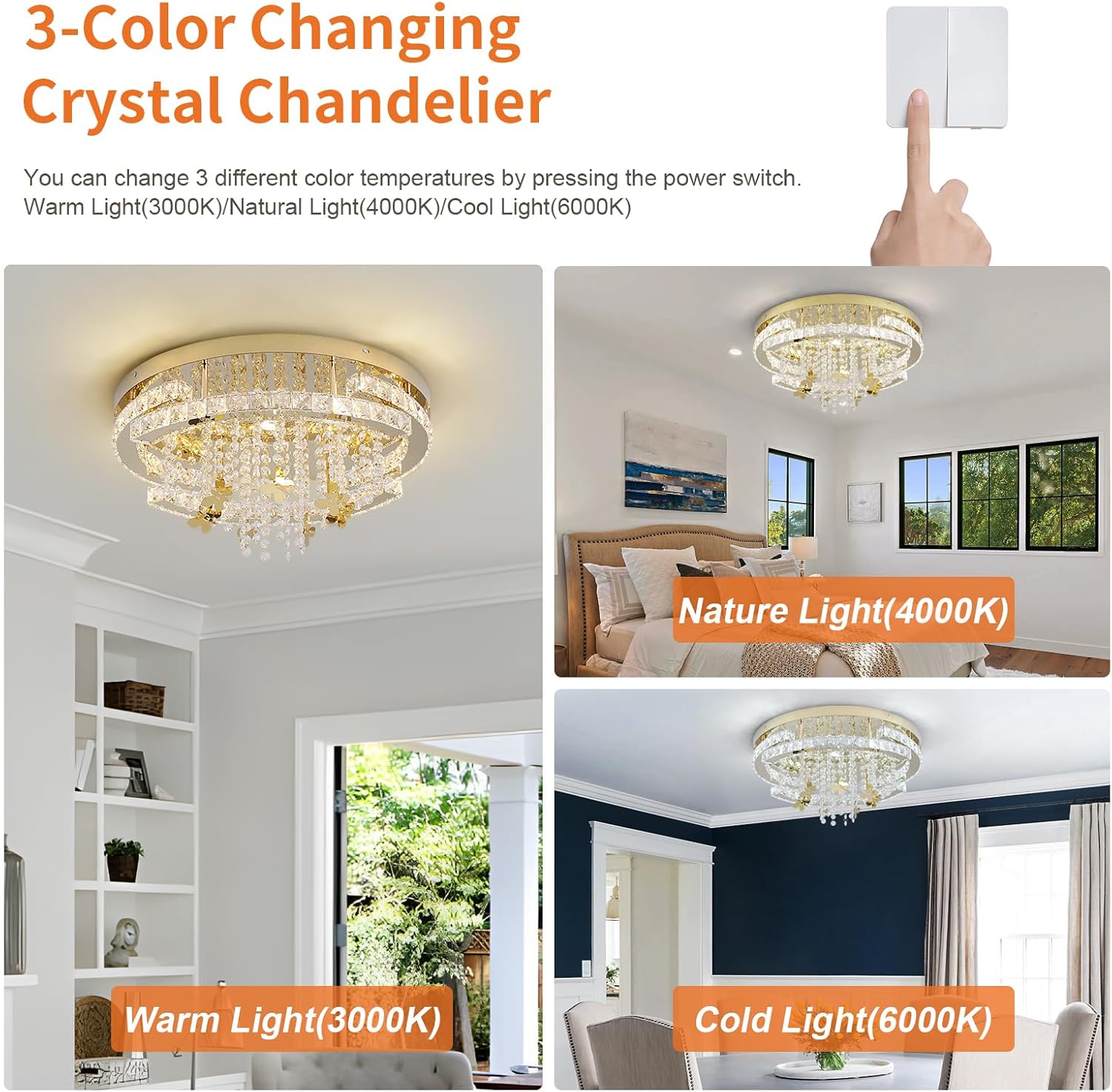 GreeLustr Modern Low Profile Crystal Chandeliers, Large Round Crystal Ceiling Light for Living/Dining Room, Semi Flush Mount Raindrop Chandelier for Bedroom, Adjustable LED Lights Fixture 20″ 5-Light