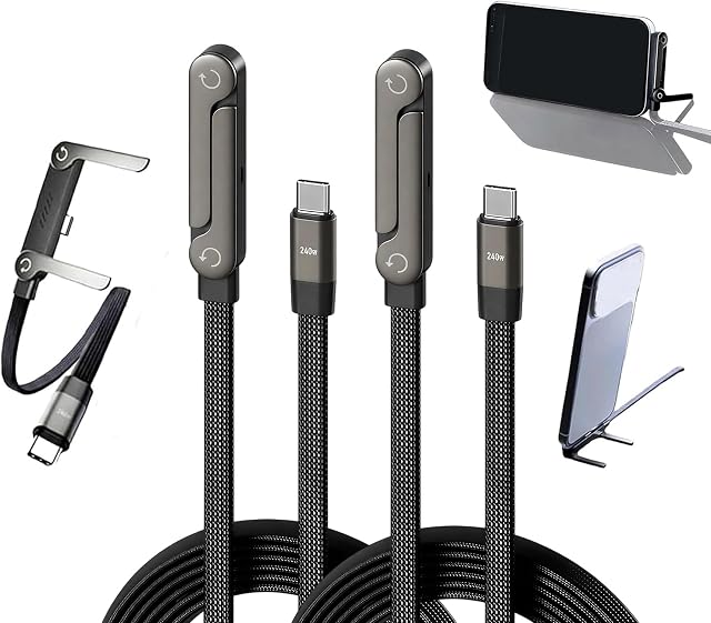 Yaslayp Invisible Holder Charger Cable with Stand,Type-C to Type-C,240W PD | Fast Charging Cable with 360° Adjustable Metal Stand,2 in 1 Invisible Holder Charger Cable with Stand for Desk, Gaming(2PC)