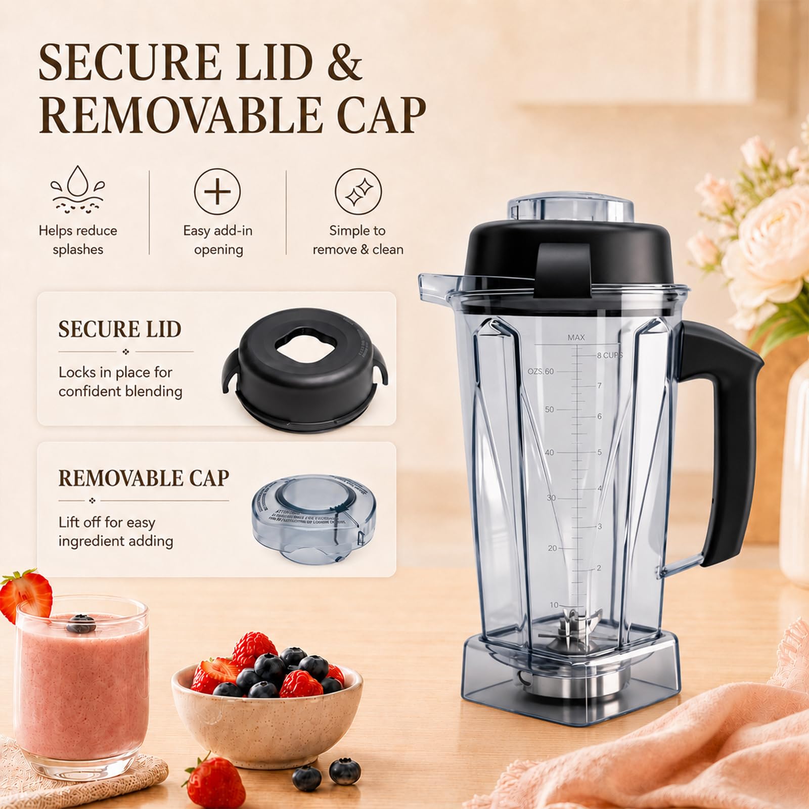Recipiente de repuesto para jarra de licuadora de 64 onzas compatible con Vitamix 5200, 5300, 6300, 7500, E310, E320, VM0101, VM0103 Classic & Explorian Series, tarro sin BPA con tapa