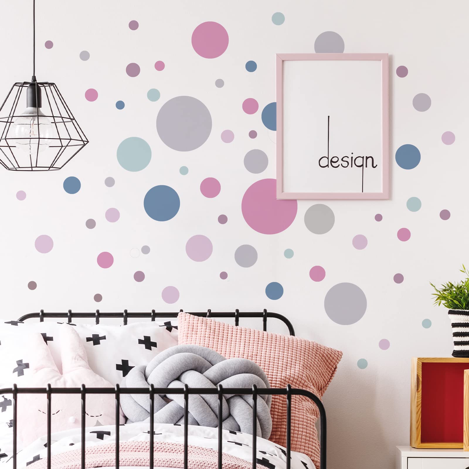 WandSticker4U® - 6 arkuszy, 93 PUNKTÓW do naklejenia, pastelowe RÓŻOWE FIOLETOWE NIEBIESKIE SZAROME I Wzory na ścianę Punkty do pokoju dziecięcego Naklejki na ścianę Kółka Kropki I Dekoracja mebli