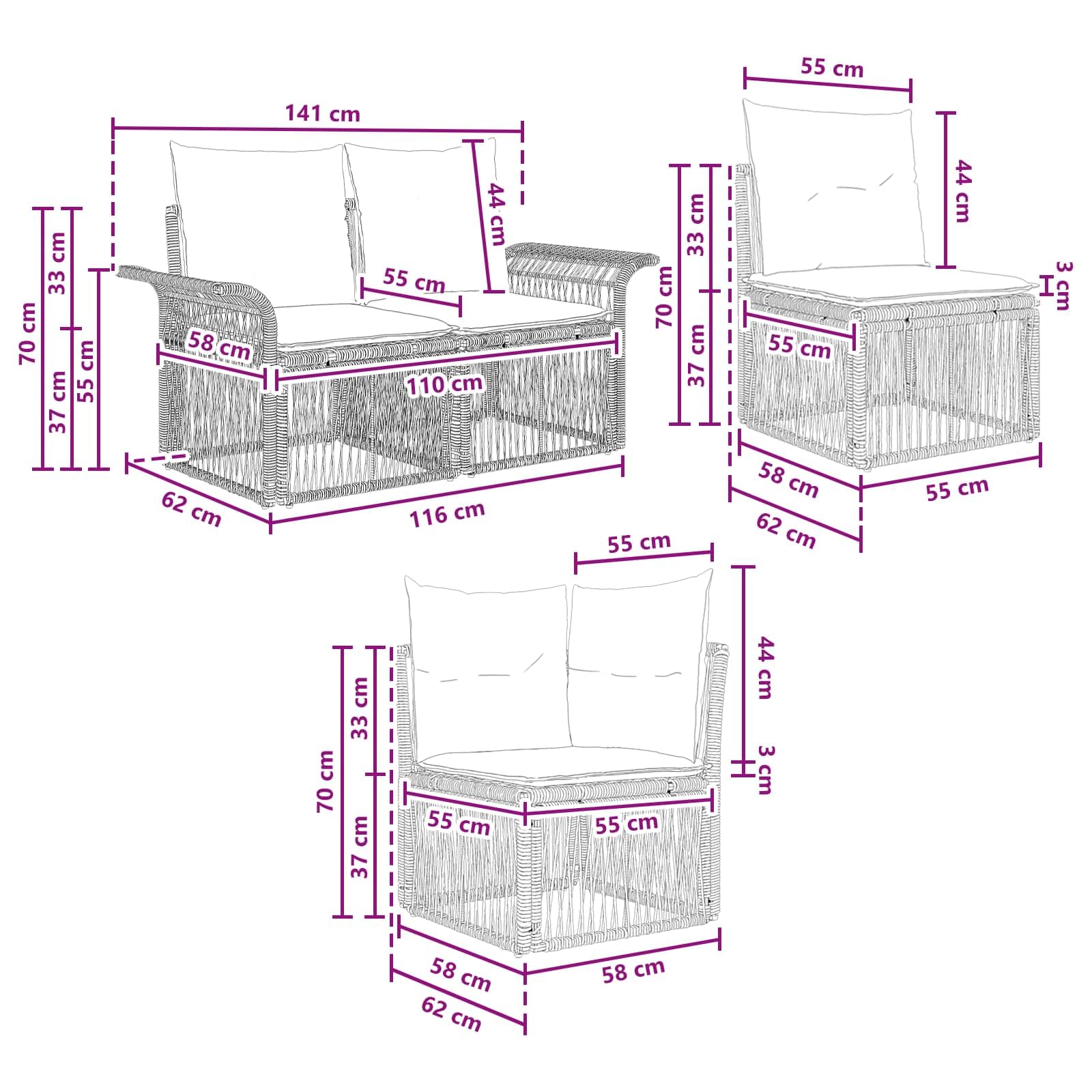 Set di 9 divani da giardino in polyrattan, colore nero | Salotto ad angolo modulare per terrazzo ed esterno con elementi flessibili adattabili e morbidi cuscini.