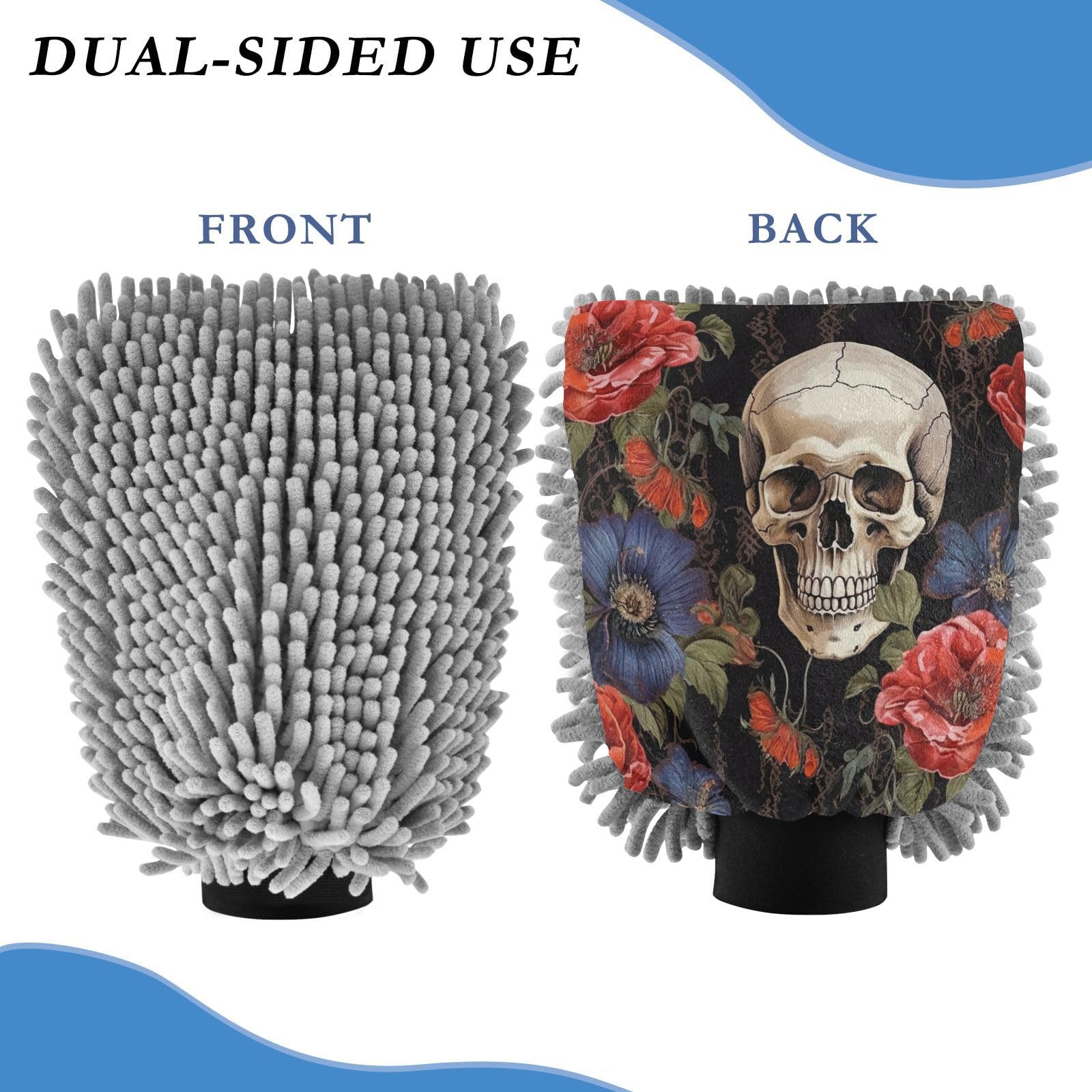 Flradish 2 Pack Skull Car Wash Mitt Chenille Microfiber Lint-Free Scratch Free Ultra-Soft Absorbent Car Wash Mitt 11.8x8.07 Inch
