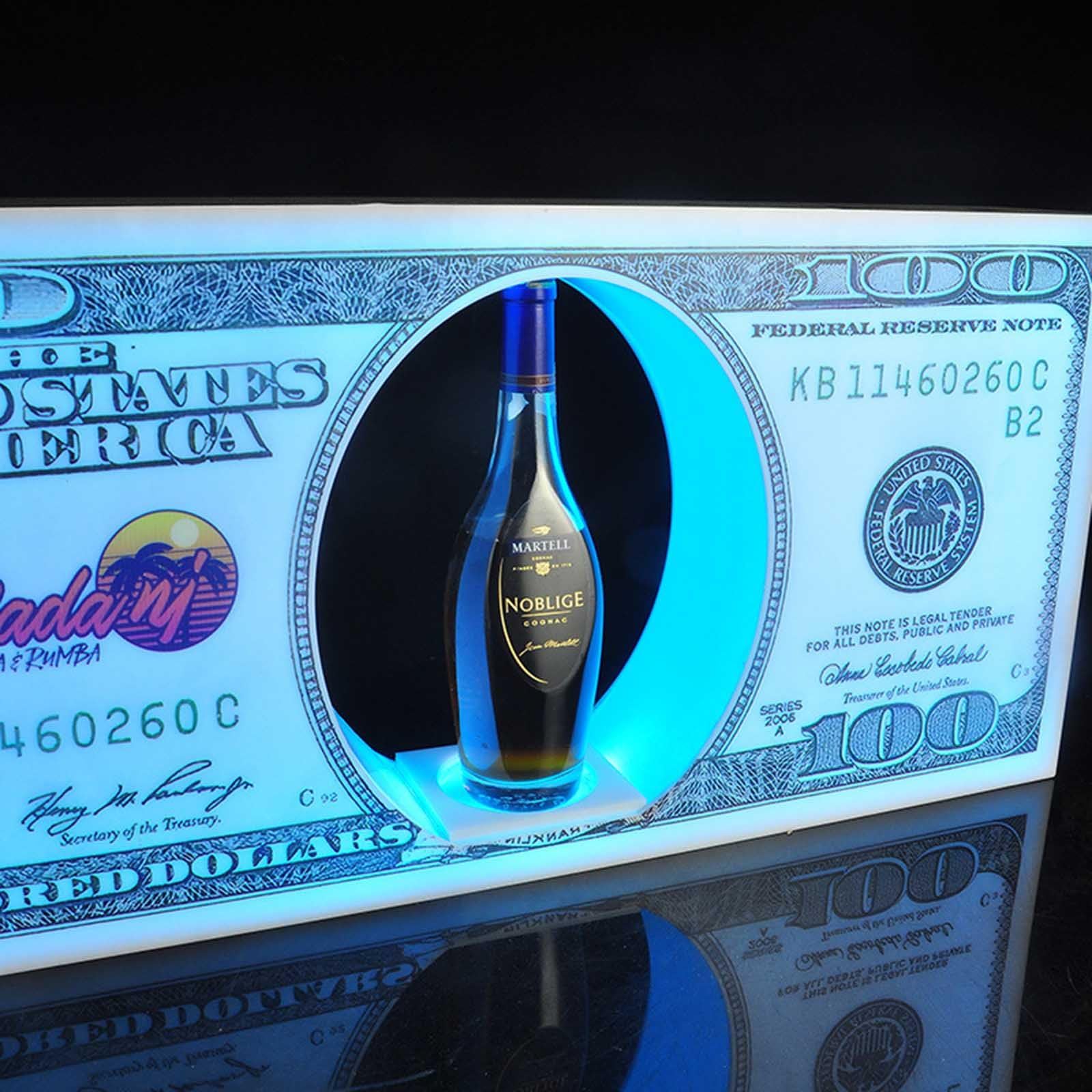 Espositore luminoso ricaricabile per bottiglie di champagne con aspetto da 100 banconote, per discoteca, villa, festa privata e ricevimento VIP