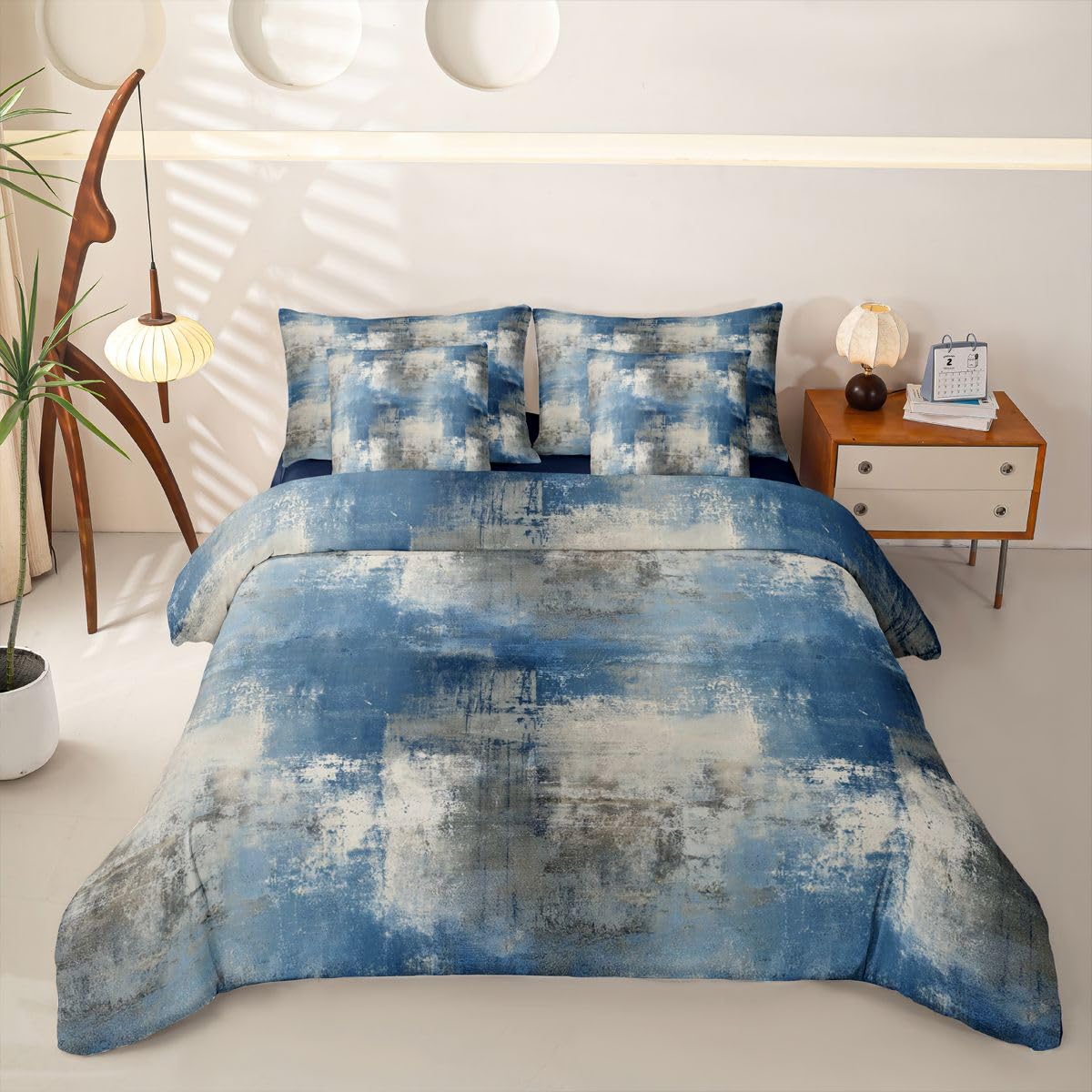 Loussiesd Set di biancheria da letto con copripiumino singolo astratto con lenzuola, per bambini, ragazzi e ragazze, arte geometrica ombré, 7 pezzi, grigio blu, sfumato, decorazione per la stanza