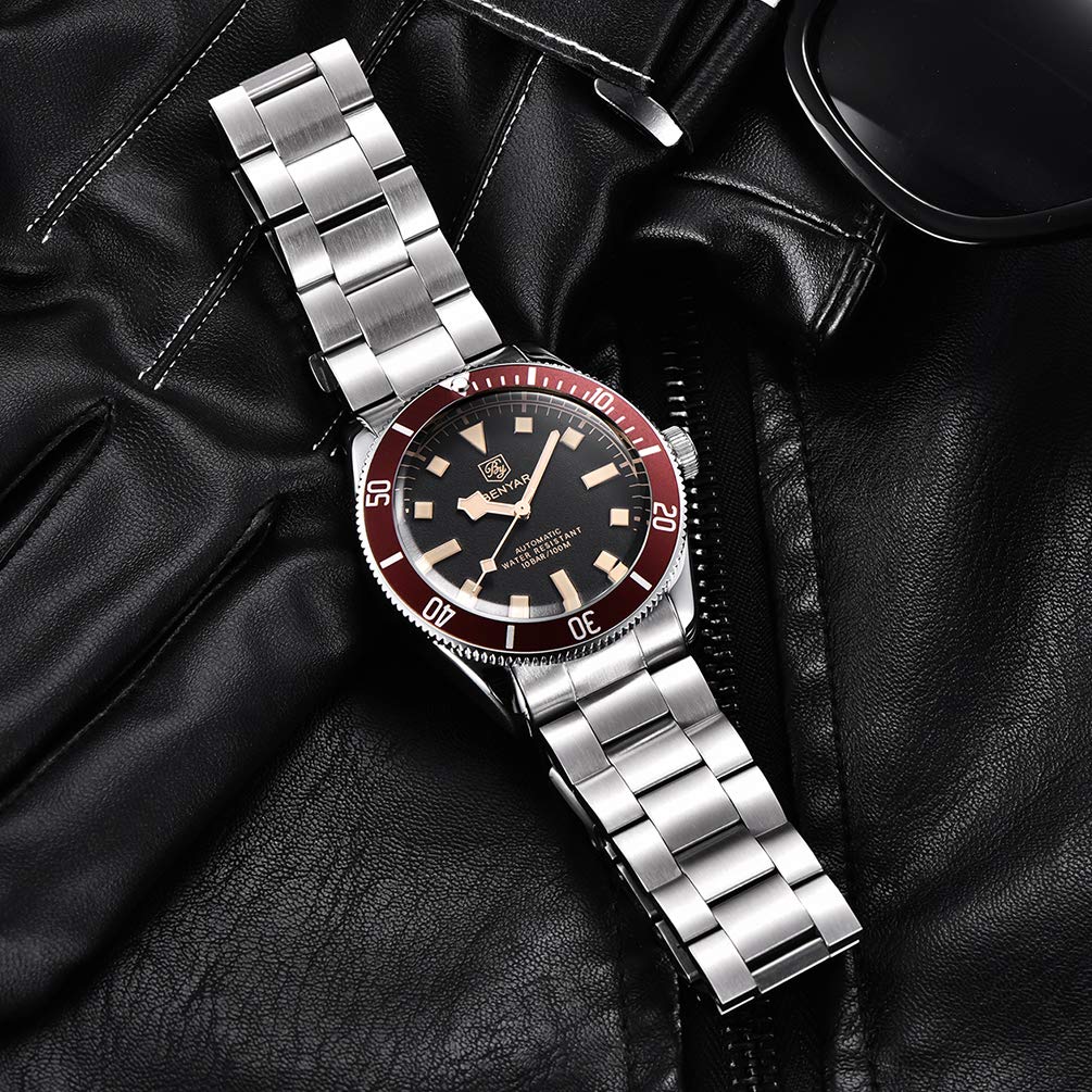 BENYAR 5179 Men's Automatic Mechanical Watch Rotatable Aluminium Bezel Stainless Steel Strap Waterproof Luminous Casual Self-Winding Wrsitwatches (RED)