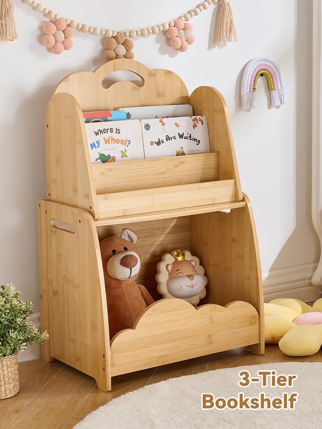 Bamboo Kids Bookshelf 3-Tier with Modular Storage, Montessori Bookcase for Toddler Kids Rooms, Baby Nursery, Playroom, Classroom