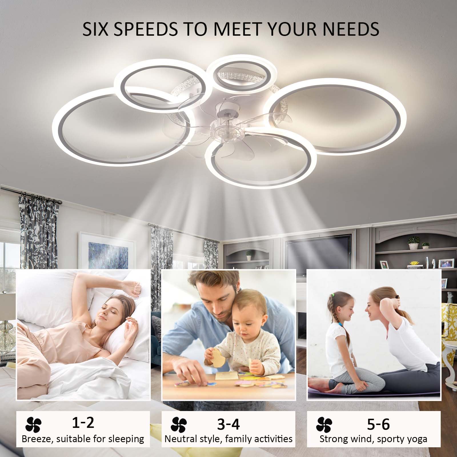 RGB Deckenventilator Mit Beleuchtung LED Dimmbar Schlafzimmer Leise Lampe Mit Ventilator Mit Fernbedienung Reversibel 6-Gang Timing Deckenlampe Mit Ventilator Wohnzimmer Φ 95cm, Weiß