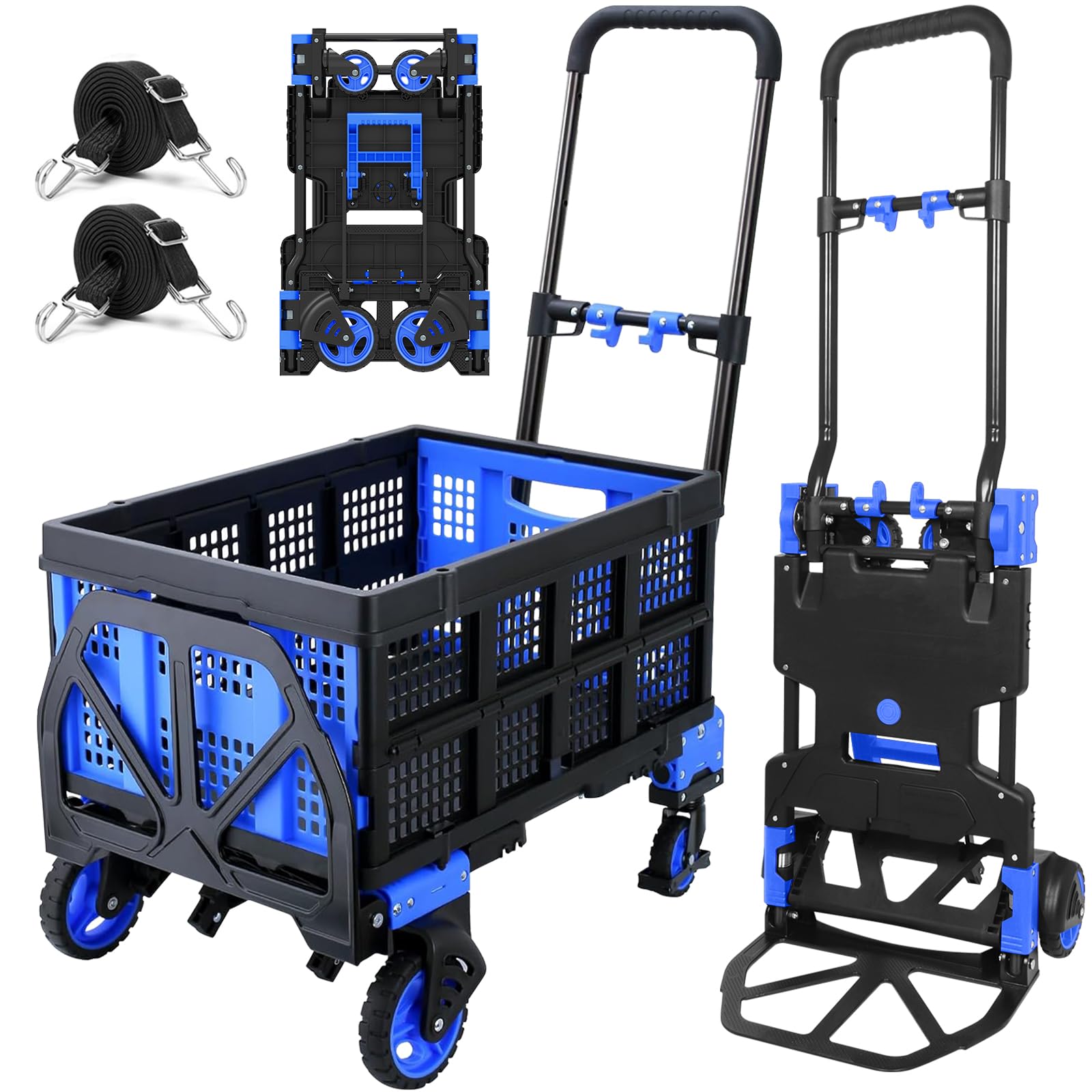 2-in-1 Folding Hand Truck with Folding Basket, 330lbs Capacity Heavy Duty Hand Truck Dolly with Rubber Wheels and Telescoping Handle, Portable Dolly Cart with Bungee Cords for Moving