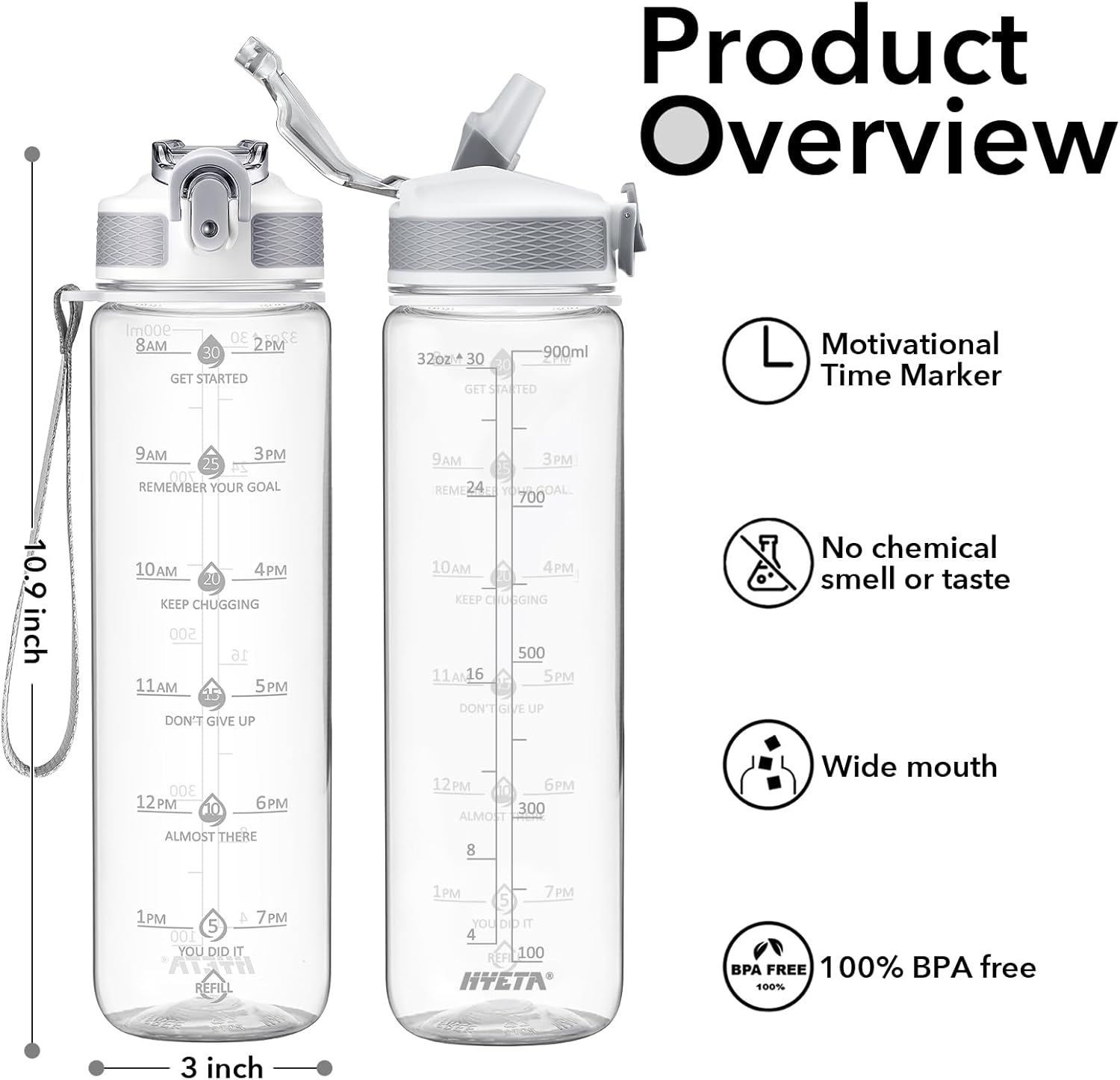 Hyeta 32oz Water Bottles with Straw - Stay Motivated and Hydrated with Convenient Times to Drink Markings, Durable, Leak-proof - Image 2