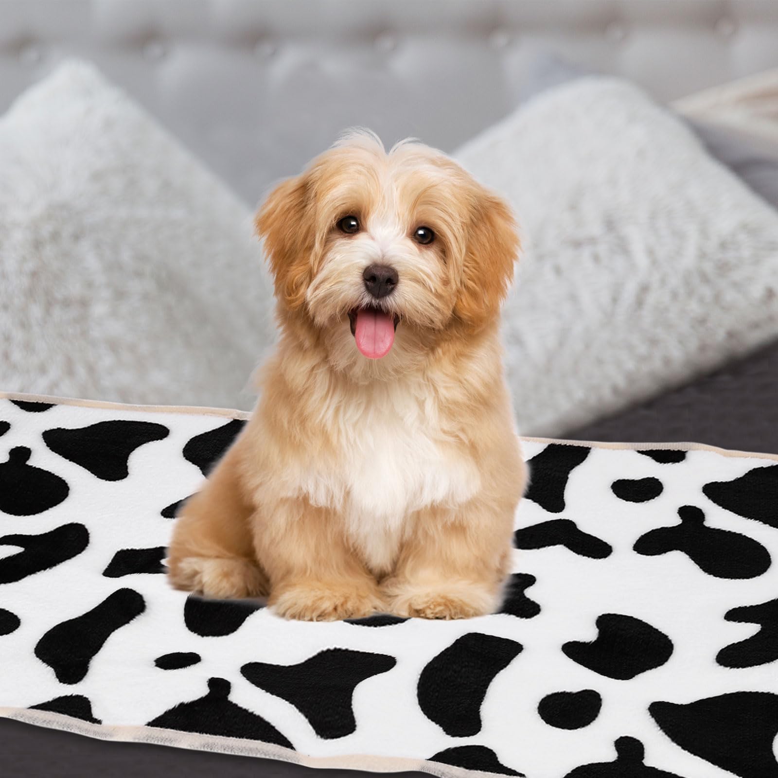 sourcing map Dog Cat Bed Blanket, 40x60cm Soft Plush Fluffy Flannel Cow Printed Throw Warm Pet Cover Kitten Blankets, for Medium Small Indoor Dogs Cats Sofa Bed (Black-White, 1 Pack 3)