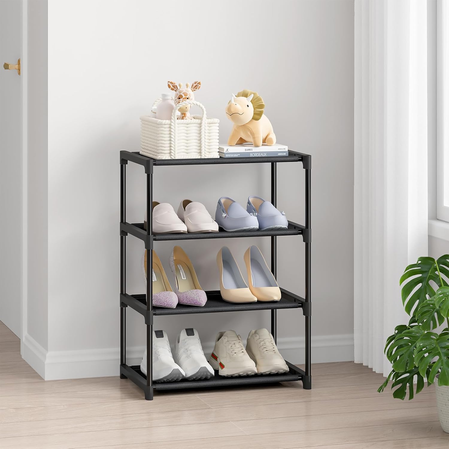 LOKEME Plastic Shoe Rack, 4 Tier Foldable Open Book Shelf, Book Shelve, Shoe Rack, Shoes Storage Rack for Home Shoe Stand Shelf (Black) (Black)
