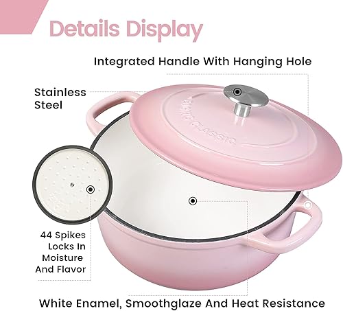 Miniatura 5 de Horno holandés cubierto de hierro fundido esmaltado de 5.5 cuartos de galón con doble asa, hornos holandeses con tapa para hornear pan, rosa