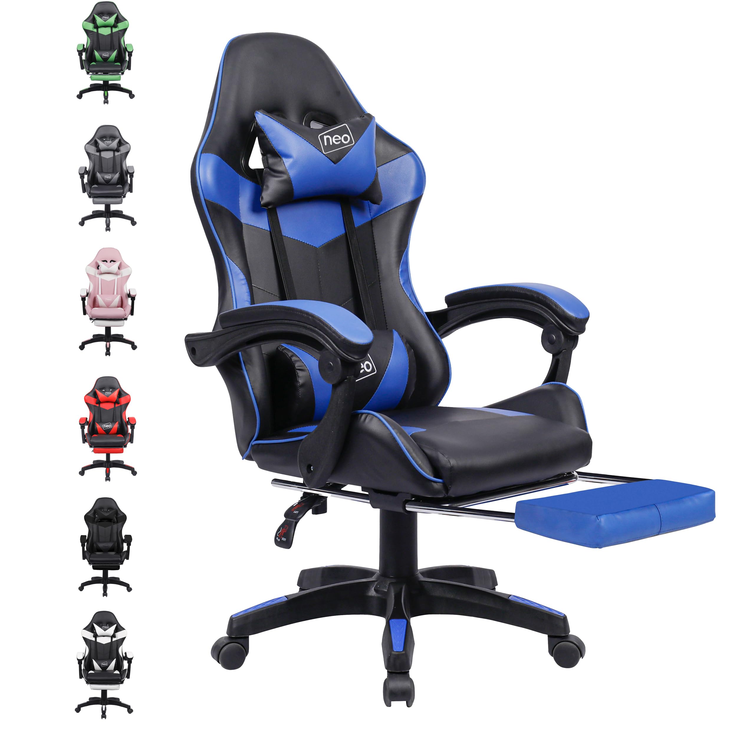 Neo Executive PU Leather Massage Sport Racing Gaming Home Office Computer Chair Lumbar Back Support Footrest (Blue)