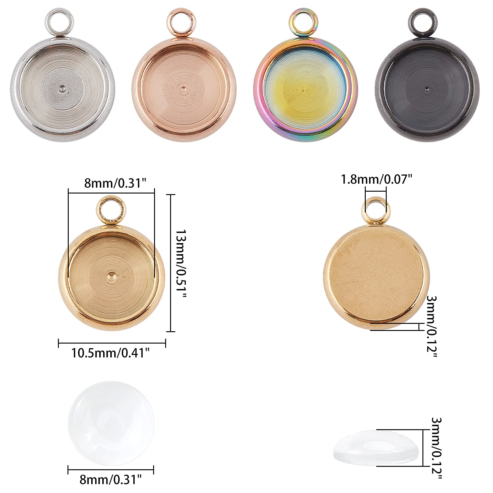 30 Ensembles De Cadres Pendentifs Cabochons 8mm - 5 Couleurs - Acier Inoxydable + Verre - Pour Bijoux DIY Et Photos