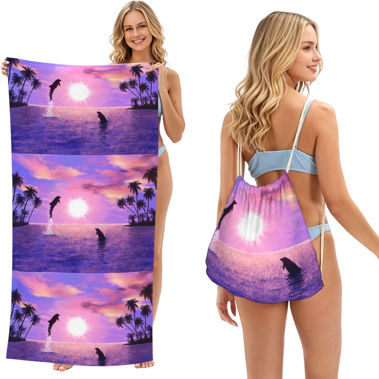 Poadnly As Picture Sunset Dolphins, 2 In 1 Packable Towel Bag, Beach Towels With Drawstring Backpack For Travel Holiday Camping