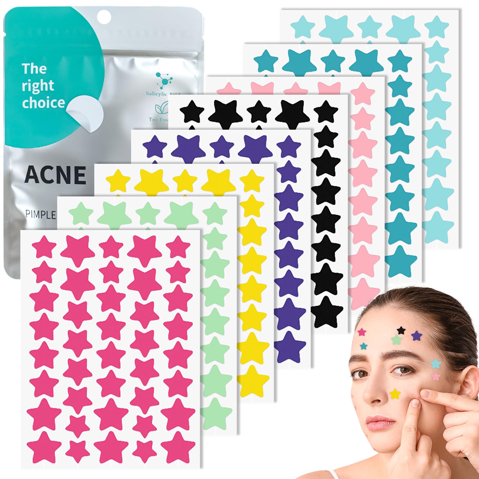 Gigmeta 320 Stück Pimple Patch, 3 Größen (14/12/10 mm) Pickel Patch Sterne mit Teebaumöl Salicylsäure Hydrokolloid Pflaster Anti Pickel Patches Wasserdichte Atmungsaktive Tag und Nacht Akne Patches