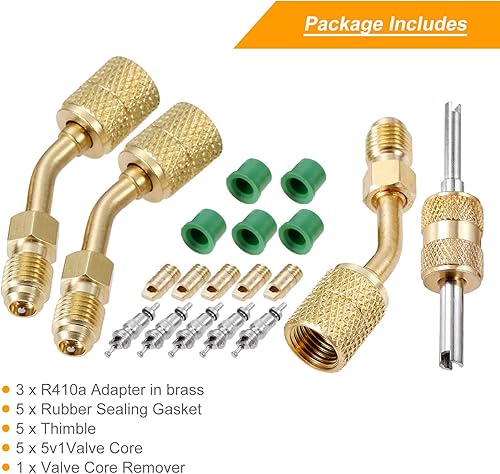 Miniatura 6 de Adaptador R410A, adaptador mini split 5/16 pulgadas SAE hembra a 1/4 pulgadas SAE macho con removedor de núcleo de válvula, juntas de manguera