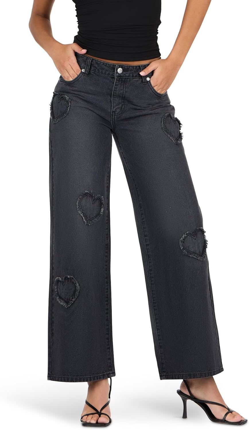 Forever 21 Women’s Low Waist Wide Leg Denim Jeans with Heart Patch Details