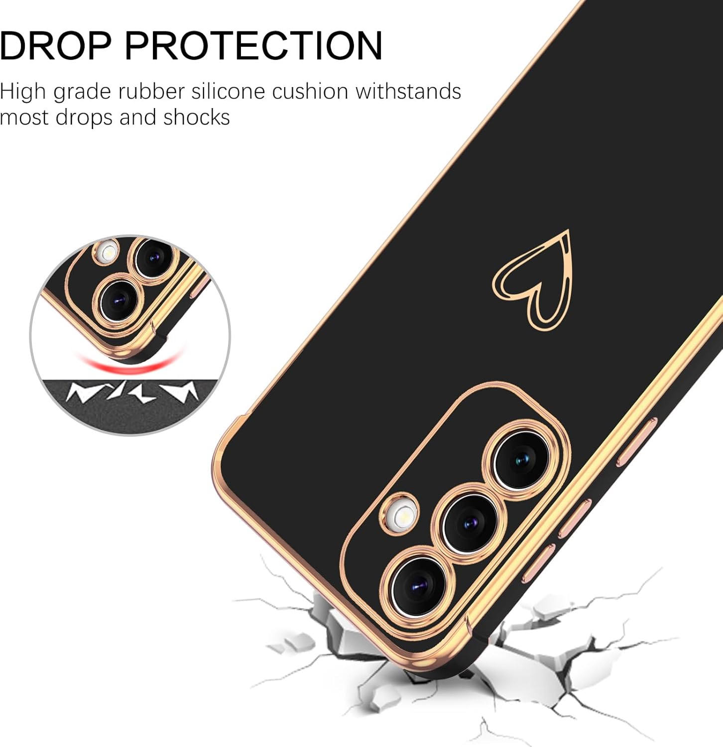 GUAGUA for Samsung S25 Case Galaxy S25 Case Plating Cover Cute Heart Pattern Soft TPU with Camera & 4 Corners Shockproof Protection Slim Phone Case for Samsung Galaxy S25-Black - Image 2