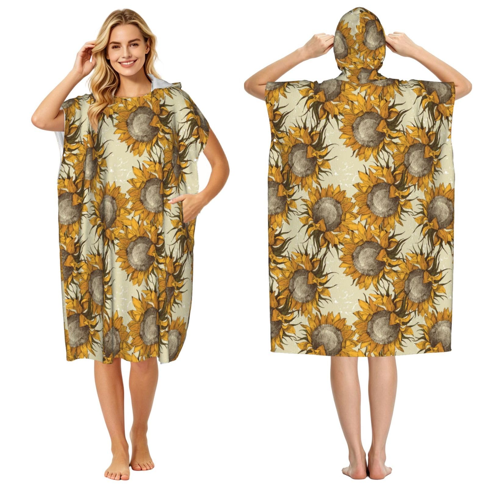 Sunflowers, Adult Hooded Beach Towel 90 x 110 cm,Changing Bath Robe, Surf Poncho Towel For Women Men