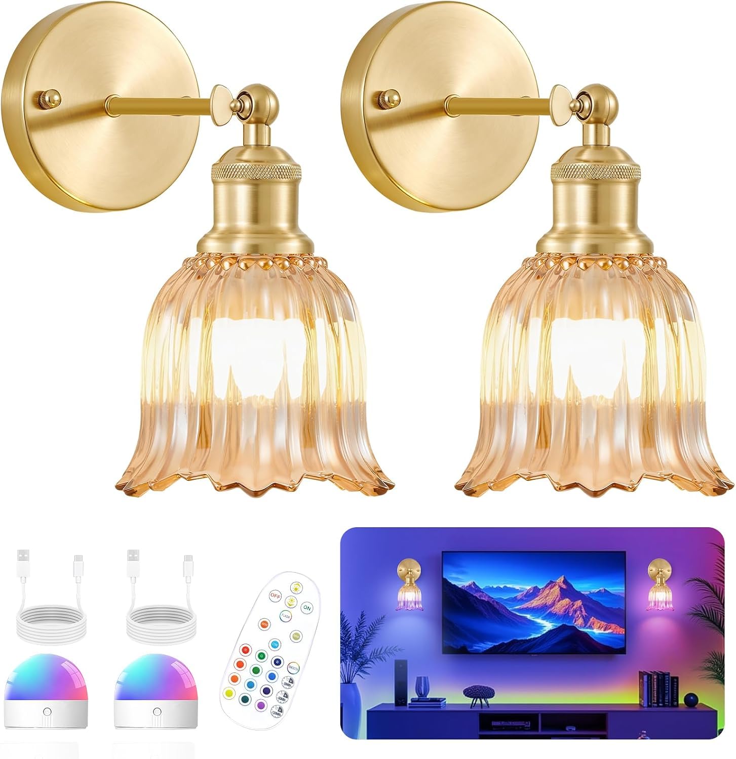 OOWOKS Akku Wandleuchte Innen Gold 2 Stück Dimmbar Wandlampe Ohne Stromanschluss mit Glas Schirm Vintage Nachttischlampe Verstellbar mit Schalter Dimmbar & RGB Speicherfunktion Timer Fernbedienung
